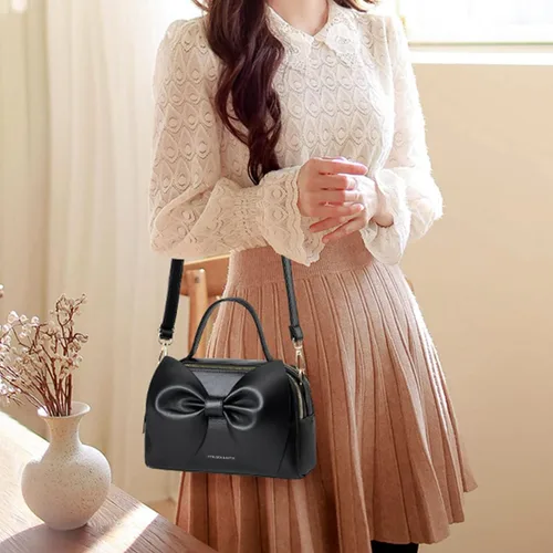 Vista 7 de Bolso de hombro para mujer, bolso de piel sintética para niñas, bolso con lazo y asa superior, bolso cruzado para mujer