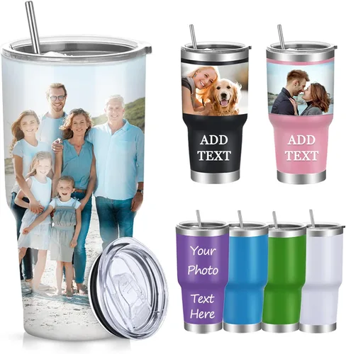 Vista 9 de Vaso de fotos personalizado de 30 onzas con tapa y pajita, tazas de café de acero inoxidable personalizadas, taza de viaje con nombre de imagen
