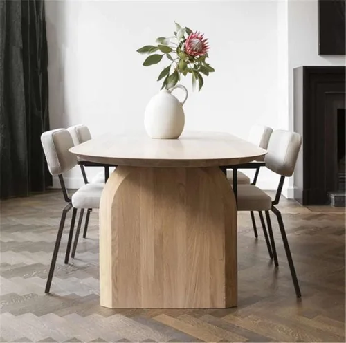 Vista 11 de Moderna mesa ovalada sólida con doble pedestal, madera natural, muebles de estilo Wabi-sabi para comedor, cocina, ocio, mesa de centro, color Marrón