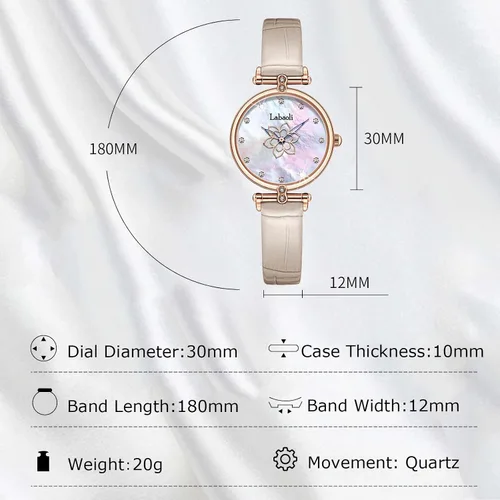 Vista 5 de RORIOS Reloj analógico de cuarzo impermeable para mujer, elegante reloj de pulsera de diamantes con esfera de madreperla y correa de cuero con flor