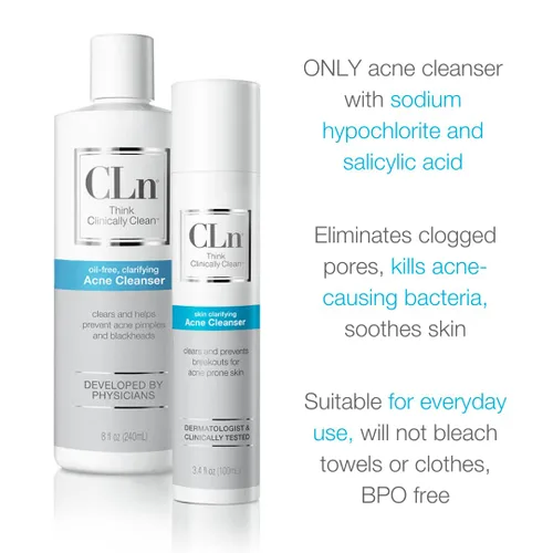 Vista 5 de CLn Limpiador facial para acné con 0.5% de ácido salicílico para eliminar puntos negros y brotes, sin aceite y sin fragancia, 3.4 onzas líquidas