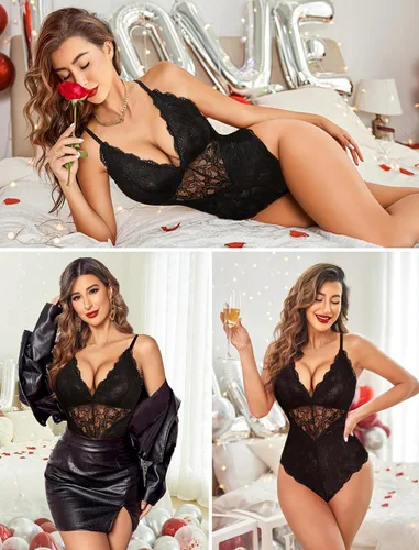 Vista 4 de Avidlove - Lencería sexy de encaje para mujer, body con escote pronunciado, babydoll de una pieza con broche de presión en la entrepierna