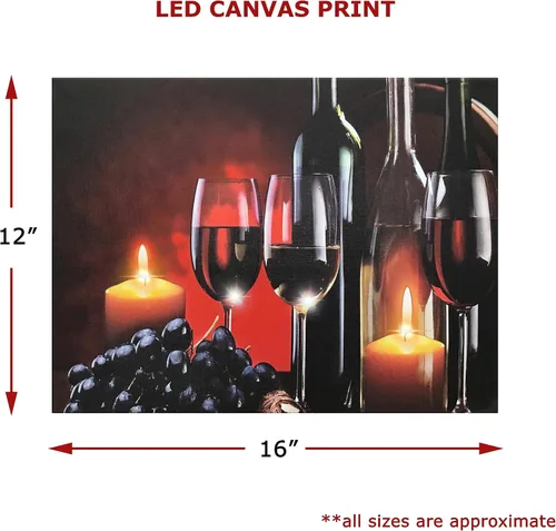 Vista 2 de Arte de pared LED de vino con luces, copas de vino tinto, velas y uvas, decoración de pared en lienzo iluminado, funciona con pilas, para colgar
