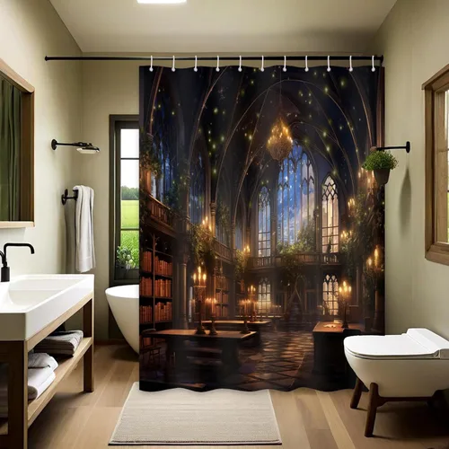 Vista 14 de Magic Castle - Cortina de ducha de castillo de cuento de hadas, decoración de baño, tela impermeable con ganchos, 36 x 72 pulgadas