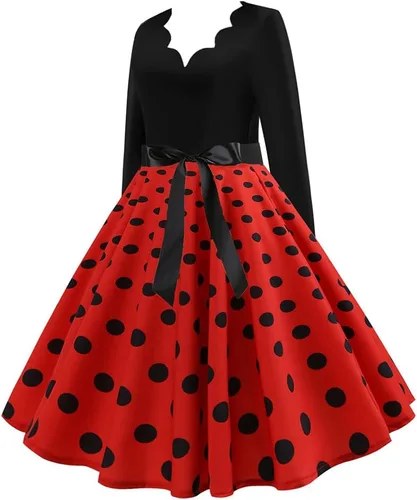Vista 4 de Anjikang Vestido de Halloween Audrey Hepburn para mujer, estilo retro de los años 50, manga larga, cuello en V, vestido de cóctel con lazo y lunares