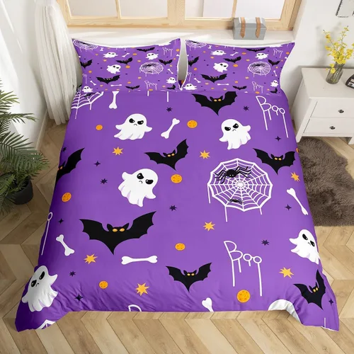 Vista 2 de Juego de ropa de cama de Halloween, funda de edredón gótica de murciélagos negros con telarañas, funda de edredón individual, diseño de arañas