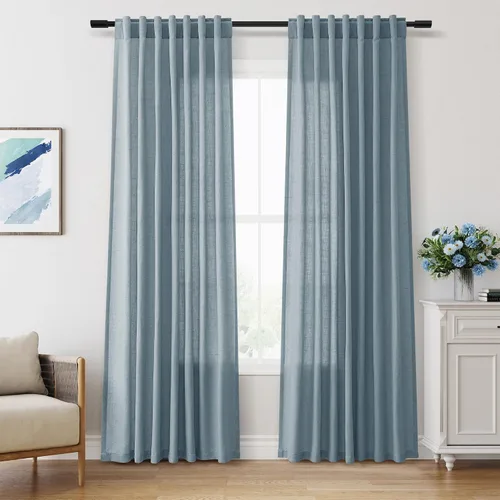 Vista 73 de Aersas Aqua Green Linen Curtains 84 Inches Long 2 Panels Set Back Tab Rod Pocket Living Room Curtain Farmhouse Rustic Light Filtering Hook Drapes