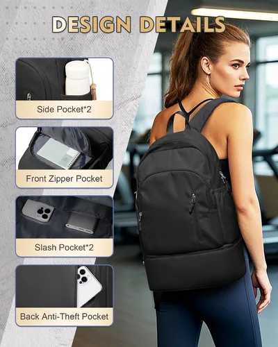 Vista 2 de Mochila de gimnasio para mujer, pequeña bolsa de gimnasio con compartimento para zapatos, mochila impermeable para deportes con bolsillo húmedo