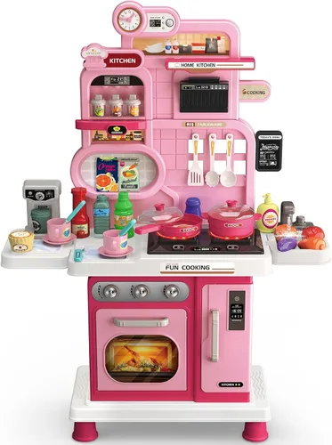 Vista 8 de Juego de cocina, juego de cocina para niños con sonido y luz realista, estufa de cocina, fregadero, comida de juego y accesorios, 57 piezas