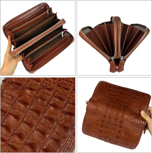 Vista 3 de Cartera de mano de cocodrilo genuino para mujer, gran capacidad, cuero de cocodrilo, monedero de viaje para mujer, tarjetero de bloqueo RFID