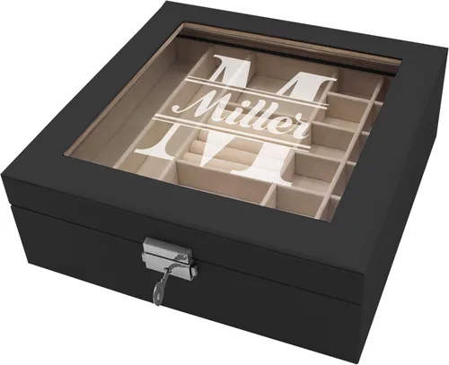 Vista 3 de Joyero personalizado con bandeja extraíble, organizador, cerradura, llave y parte superior de cristal, monograma y grabado personalizado
