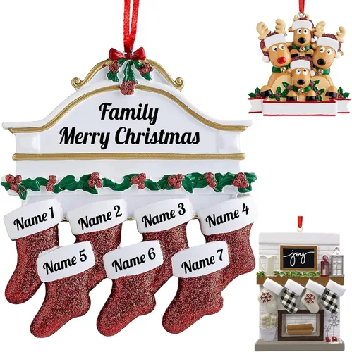 Vista 23 de Adornos de Navidad personalizados 2025, repisa de chimenea, familia de 2/3/4/5/6 nombres de miembros de la familia Joy para decoraciones de árbol