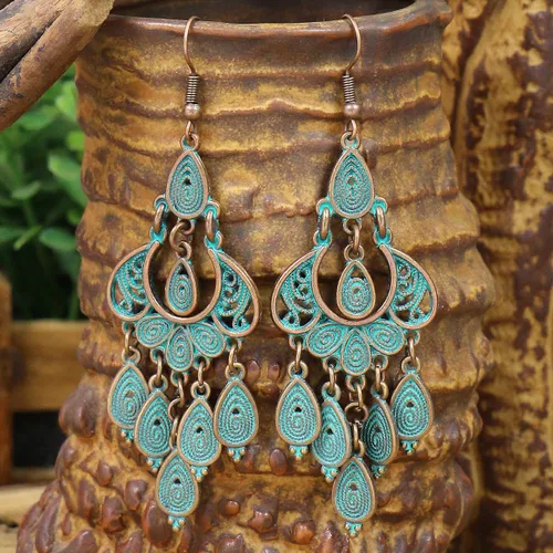 Vista 5 de Pendientes colgantes únicos de estilo bohemio vintage con diseño de lágrima de bronce para mujer