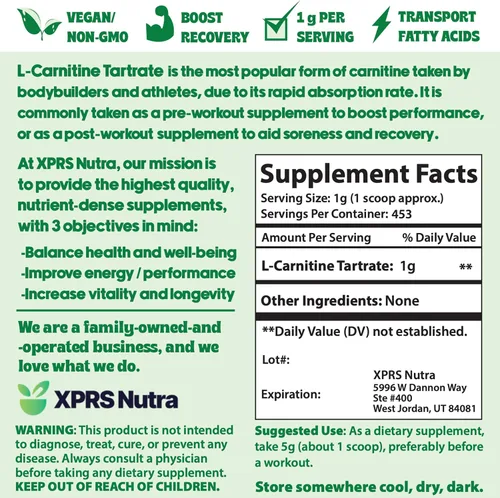 Vista 7 de XPRS Nutra L Carnitina L Tartrato en polvo – Tartrato de L carnitina pura de primera calidad – Polvo de L-carnitina – Vegano a granel L Carnitina