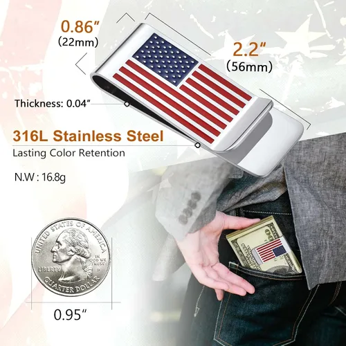 Vista 5 de ChainsProMax Puede grabar clip de dinero para hombre, patrón de bandera de Estados Unidosbéisbol, patrón de caja, acero inoxidablechapado en oro