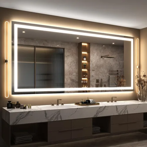 Vista 41 de Espejo de baño LED iluminado de 30 x 30 pulgadas para pared, espejo cuadrado de tocador con luces, regulable, antivaho, a prueba de roturas
