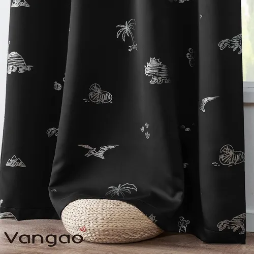 Vista 8 de Vangao - Cortinas para niños con impresión de dinosaurio en negro, cortinas opacas para guardería, habitación de niñas y niños, estampado plateado