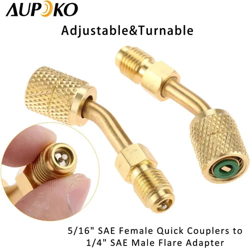Vista 2 de Adaptador R410A Acopladores Rápidos Hembra SAE de 5/16" a Abocinado Macho SAE de 1/4", 2 PC Adaptador de Vacío de Carga en Ángulo de 45 Grados