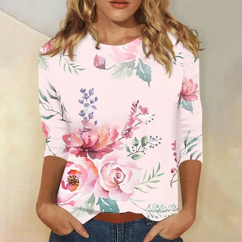 Vista 3 de Camisetas personalizadas para mujer, a la moda, casual, de séptima manga, estampada, cuello redondo, camiseta