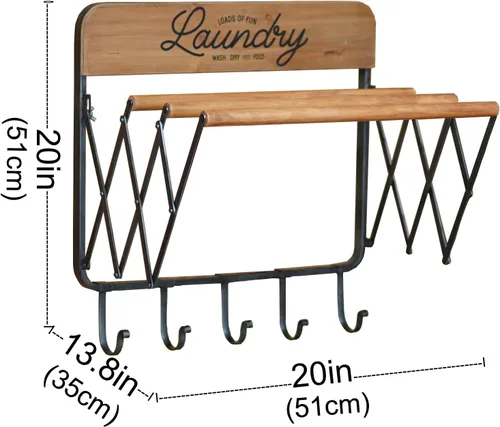 Vista 6 de SOFFEE DESIGN Estante de lavandería de acordeón, estantes retráctiles montados en la pared, 3 barras y 5 ganchos para tendedero, toallas para colgar