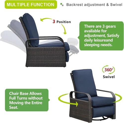 Vista 4 de Art to Real - Silla reclinable de mimbre para exteriores con cojines de 5.5 pulgadas, sillas de descanso ajustables automáticas, silla reclinable