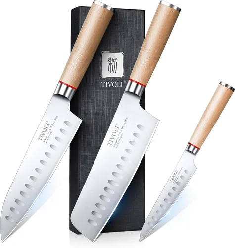 Vista 11 de TIVOLI Juego de 15 cuchillos de cocina de acero inoxidable de alto carbono con bloque y barra de afilado, juego de cuchillos negros afilados de alta
