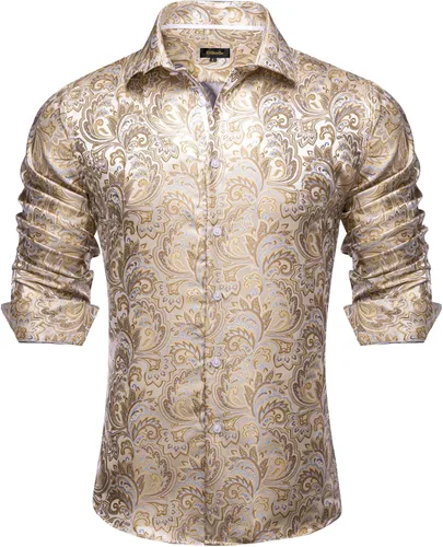 Vista 8 de DiBanGu Camisa de vestir de paisley de seda para hombre, formal, de manga larga, con cuello abotonado, camisas informales para fiesta de boda Negro