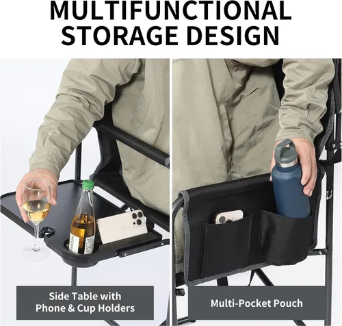 Vista 7 de Sillas de campamento de gran tamaño con dosel, silla plegable de directores con mesa auxiliar y bolsillos, sillas plegables portátiles para adultos