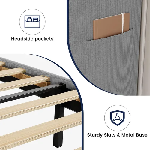 Vista 6 de Base de cama de tamaño matrimonial con cabecera tapizada, base de cama de plataforma de madera con 2 bolsillos de almacenamiento, respaldo de ala