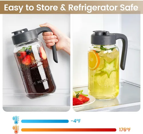 Vista 4 de Jarra Mason Jar de 64 onzas con tapa, boca ancha, jarra de agua de vidrio de 2 cuartos de galón con tapa, resistente, a prueba de fugas, té helado