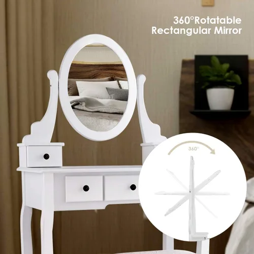Vista 6 de MAT EXPERT Juego de mesa de tocador con espejo y cajón, tocador blanco con taburete acolchado, mesa organizadora de maquillaje con espejo giratorio