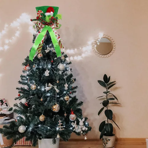 Vista 4 de Lordaeron - Gorro de adorno para árbol de Navidad, sombrero grande de terciopelo verde con lazo alargado, decoraciones de árbol de Navidad, adornos