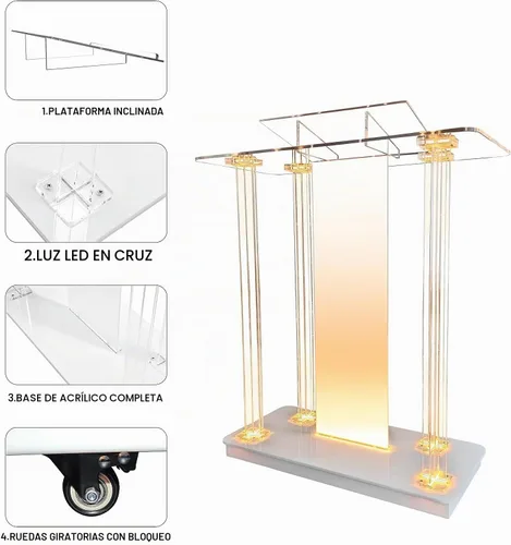 Vista 5 de Púlpito de Iglesia Personalizable con Logo y Texto, Atril con Soporte, Podium Transparente de Acrílico LED con Ruedas y Plataforma de Lectura