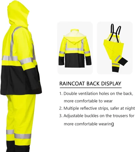 Vista 4 de HAOKAISEN Traje de lluvia para hombre, resistente al agua, alta visibilidad, reflectante, chaqueta de lluvia con pantalones de babero