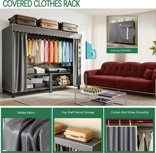 Vista 4 de Garment Rack with Cover Heavy Duty Portable Wardrobe Closet Grey 49.25in