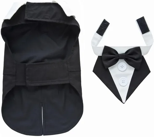 Vista 4 de Esmoquin para cachorro con corbata de moño desmontable, para graduación, boda, uso formal, disfraz de príncipe para perros pequeños (XS, negro)