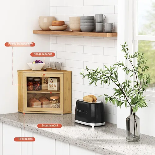 Vista 5 de Goozii Panera de Bambú de Esquina para Encimera de Cocina, Panera de Madera Redonda de 2 Niveles, Contenedor de Almacenamiento de Pan Estilo Granja