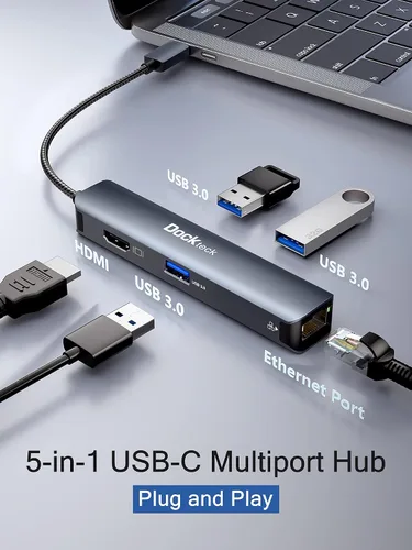 Vista 2 de Hub Ethernet USB C, adaptador multipuerto 5 en 1 de dockteck con USB C a 4K HDMI, LAN de 1 Gbps, 3 USB 3.0, para MacBook Air/Pro, iPad Air/Pro