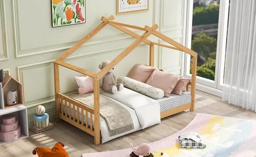 Vista 20 de Cama de madera maciza tamaño individual con techo, nido, 3 cajones de almacenamiento, sofá cama de plataforma para muebles de dormitorio, sala