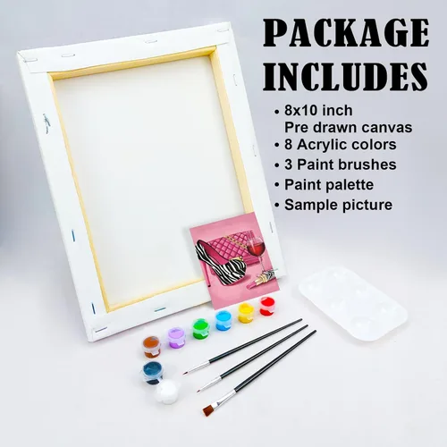 Vista 5 de VOCHIC Kit de pintura de lienzo predibujado para adultos para pintura, kit de fiesta, pintura y sorbo, suministros de fiesta, lienzo de 8 x 10