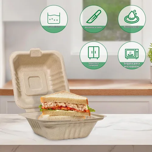Vista 5 de Aricsen Paquete de 50 Cajas de Almuerzo Cuadradas Pequeñas Desechables Compostables de 6 x 6 Pulgadas, Recipientes para Llevar con Tapa, Concha Tipo