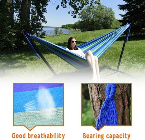 Vista 2 de Soporte para hamaca de acero ahorrador de espacio, 9 pies, portátil con funda de transporte, ideal para el aire libre, Azul