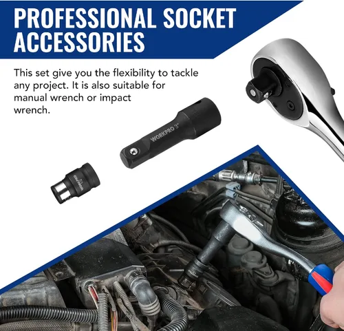 Vista 7 de WORKPRO Juego de extensión de enchufe de impacto de 18 piezas, incluye adaptadores de enchufe, juego de extensión de trinquete, barra de extensión