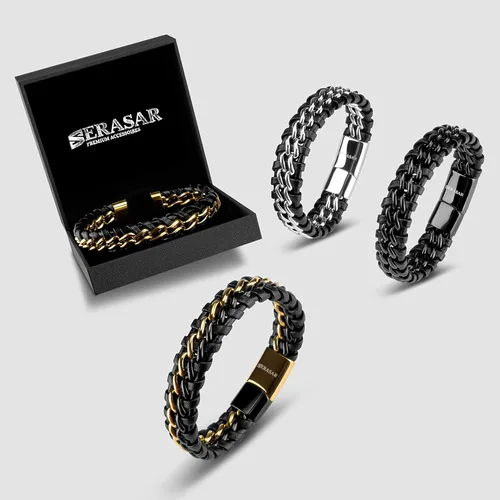 Vista 7 de SERASAR Premium Genuine Leather Bracelet Steel for Men in Black Magnetic Stainless Steel Clasp in Black, Silver and Gold Exclusive Jewelry Box
