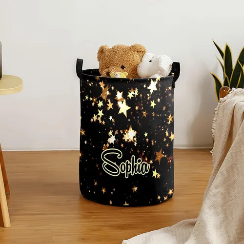 Vista 3 de Cesta de lavandería personalizada con estrella dorada con nombre y texto, impermeable, para dormitorio, sala de estar, cesta de almacenamiento