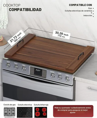 Vista 3 de BLUEWEST Tabla para Estufa, Cubierta Superior de Estufa de Madera de Acacia para Quemadores de Gas y Estufa Eléctrica, Cubierta Extra Gruesa de Nuez