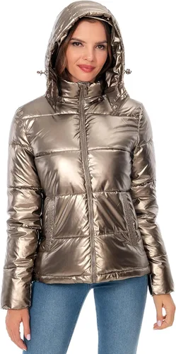 Vista 4 de Chaqueta de invierno con capucha para mujer, casual, cálida, acolchada, con cremallera completa, corta con relleno de burbujas