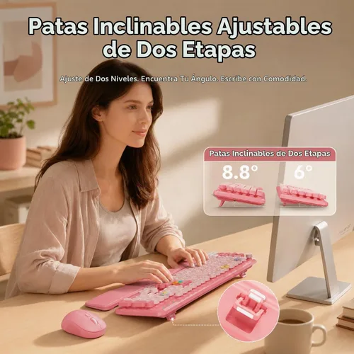 Vista 3 de Combo de teclado y mouse inalámbricos, teclado retro con teclas redondas, teclado estilo máquina de escribir de tamaño completo con reposamuñecas
