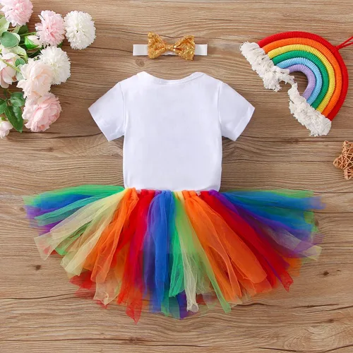 Vista 6 de Conjunto de mameluco de algodón para el primer cumpleaños para niñas con lentejuelas y lazo para la cabeza, 3 piezas