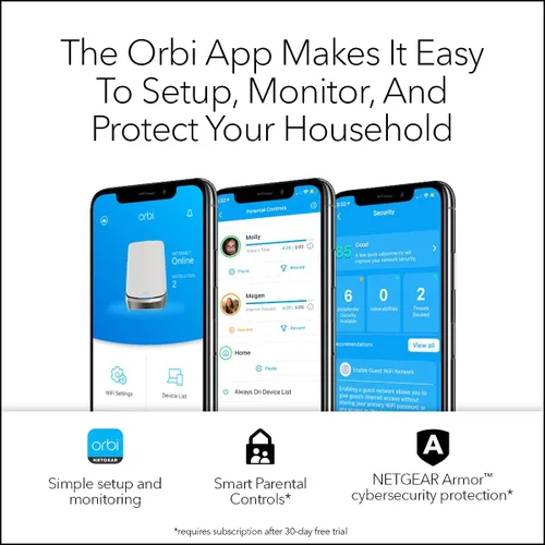 Vista 9 de NETGEAR Orbi Quad-Band WiFi 6E Mesh System (RBKE962), enrutador + 1 extensor de satélite, características de seguridad, velocidad de hasta 10.8